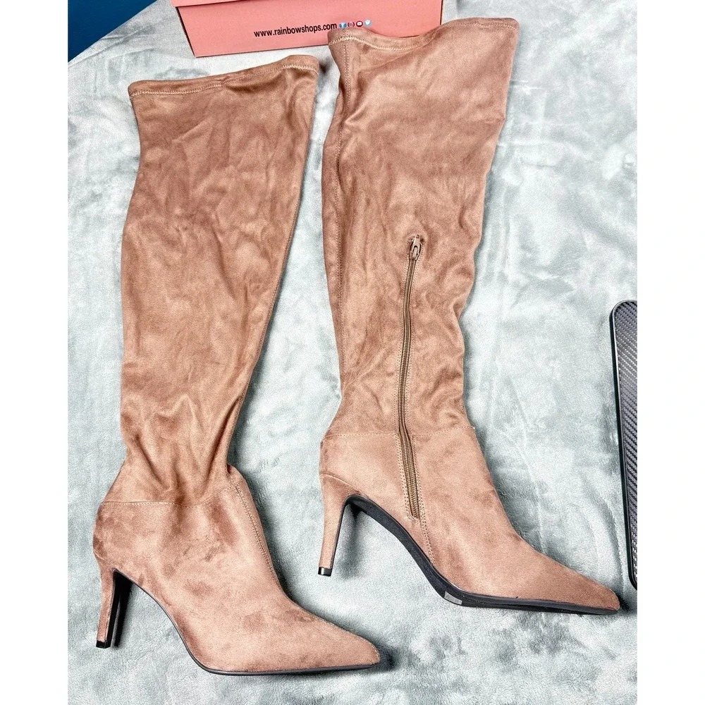 Rouge Wide Calf Knee High Boots Womens 10 Taupe Faux Suede Stiletto Heel